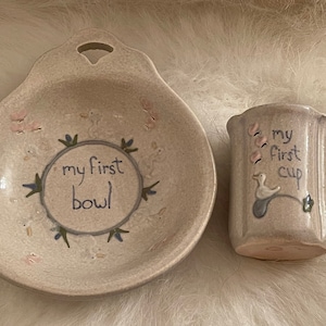 MY FIRST Bowl And Cup…Flowered Hand Painted Pottery…Scalloped  cup and deep bowl…Floral Design…M.P.M. De…1986 #287