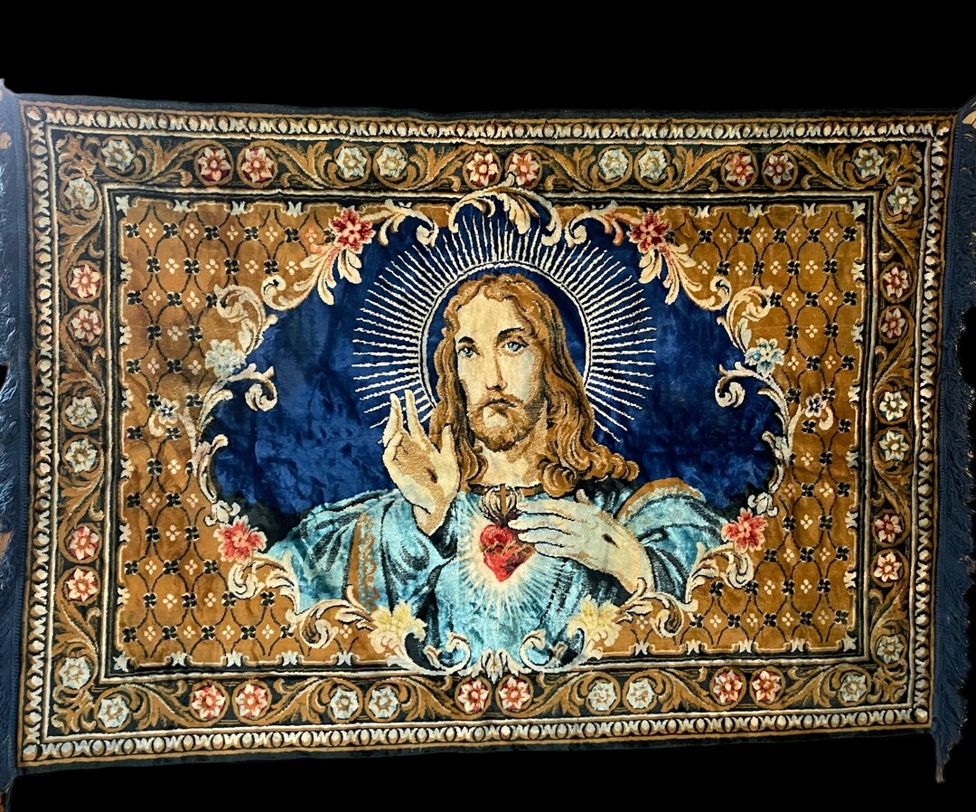 Jesus Rugs Graphics HUGE JESUS Tapestry…rug…48” X 68”…brilliant Blue and Gold Edging ...