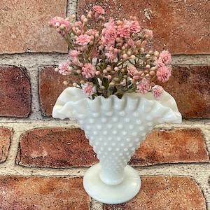 FENTON HOBNAIL VASE…Miniature...Fan Shaped…Milk Glass Ruffled Rim…Miniature Version…Handmade…1960s #628