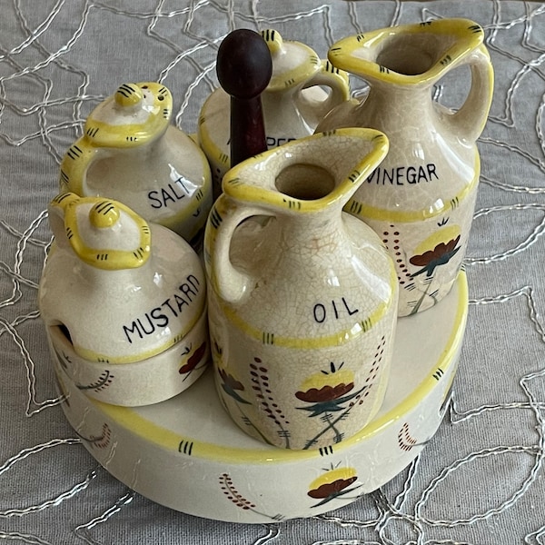 SPINNING CONDIMENT SET…Hand Painted…7 Pieces…Ceramic…Oil, Vinegar, Salt, Pepper, Mustard, Spinning Holder/Wooden Insert…1950s Japan #810