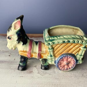 DONKEY & CART PLANTER…Small…Hand Painted…Hand Painted Roses…Black and White…Colorful Planter…Donkey Collectible…1950s Japan #197