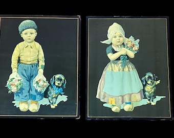 CHILD & DOG PRINTS…Clapboard Prints…Dutch Girl and Boy in Traditional Clothing…Holding Flower Bouquets…Vintage…1950s/60s #807
