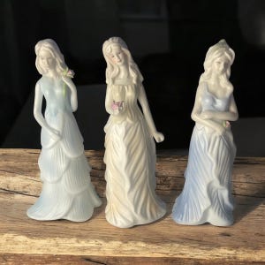 PORCELAIN FIGURINES Holding Pink Roses…Set of 3…Petal and Feather Dresses…Subtle, Pastel Colors…Glazed…Vintage #781