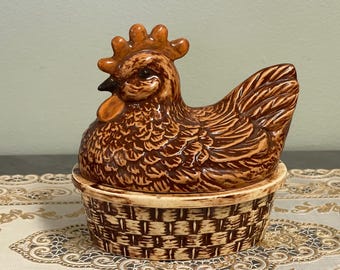 CERAMIC CHICKEN DISH…Handmade Ceramic…Chicken Lid with Wicker-Look Base…Glazed…Brown Shades…Covered Dish…Vintage ***Chips #W.Bx5
