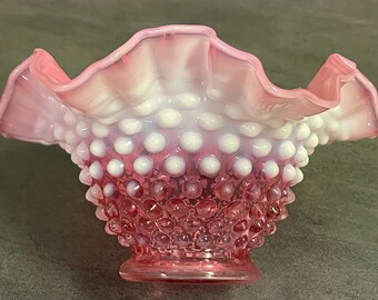 CRANBERRY HOBNAIL DISH…Fenton…Cranberry and White…Raised, Dotted Pattern…Ruffled Edges…Opalescent…Collectible Glass…1940s #W.Bx1