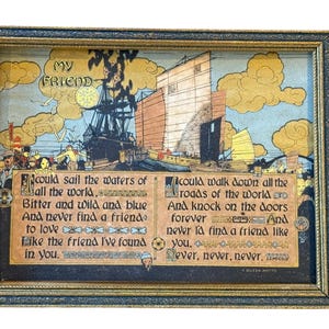 May include: Framed vintage print with a nautical theme. The artwork features sailing ships, text, and a quote about friendship. The frame is dark with gold accents. The print has a blue, orange, and tan color palette.