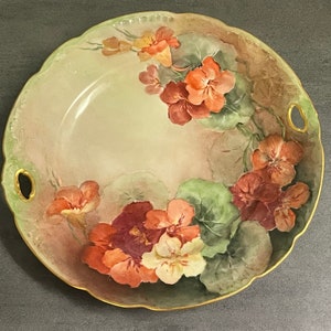ANTIQUE SERVING PLATE…Royal…Porcelain…Hand Painted Flowers and Greenery…Gold Gilt Handles and Edging…O & E. G…Collectible Plate…Austria #WBx