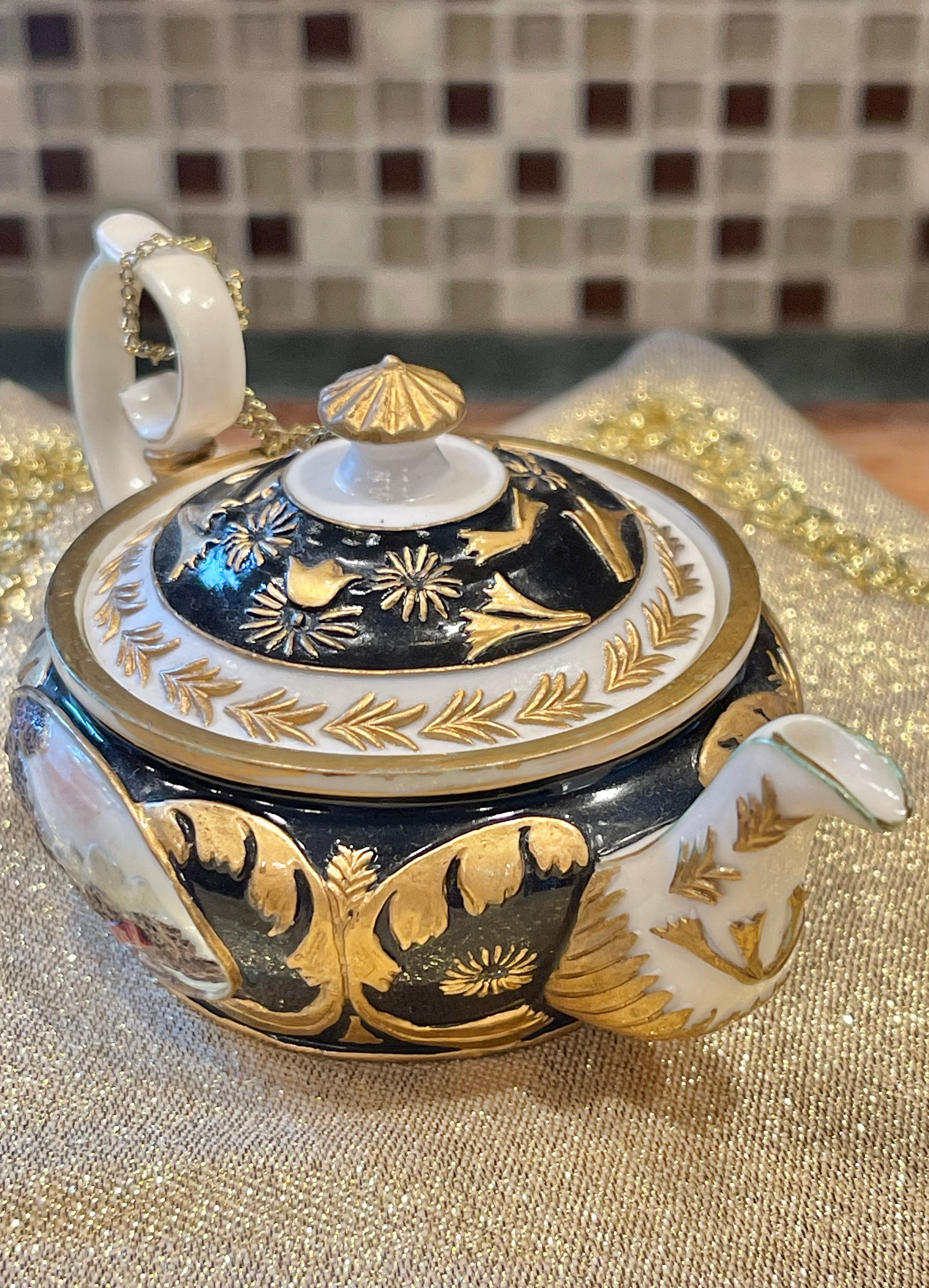 TEAPOT TRINKET Holder…nini…miniature…2-piece…beach Scene…hand