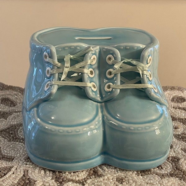 BOOTIE COIN BANK…Set of Booties…Pastel Blue…Glazed Ceramic…Ribbon Laces…Coin Bank…Baby Boy…Nursery Decor…Vintage #W.Bx