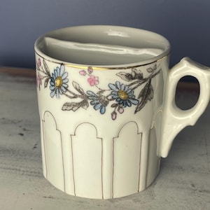 SHAVING MUG...Flowers and Leaves...Gold Accents…Center Bar…Raised Shelf...Drainage Hole…Ornate Handle...1950s #415