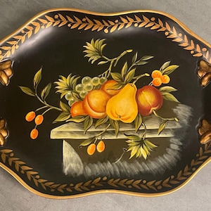CERAMIC FRUIT TRAY…Gold Raised Side Handles…Gold Leaf and Berry Edging…Fruit Motif…Ornate Design….Gold Edging…Black…Vintage #W.Bx5