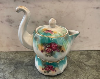 FLORAL TEA SET…3 Piece Set…Tea Pot and Sugar Bowl…Colorful Roses…Scalloped Edges…Gold Accents…Long, Swirled Handle…Vintage/Antique #511