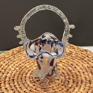 ART GLASS BASKET…Multi-Colored Splatters…Side Designs…Hand Blown…Flower Basket…1980s #353