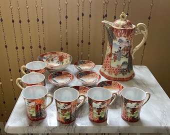 KUTANI CHOCOLATE POT/Tea Pot Set…Geisha and Landscape Designs…Double Sided…Ornate Handle…Bowls and Cups…Lid…Signed…14 Pieces #W.U.