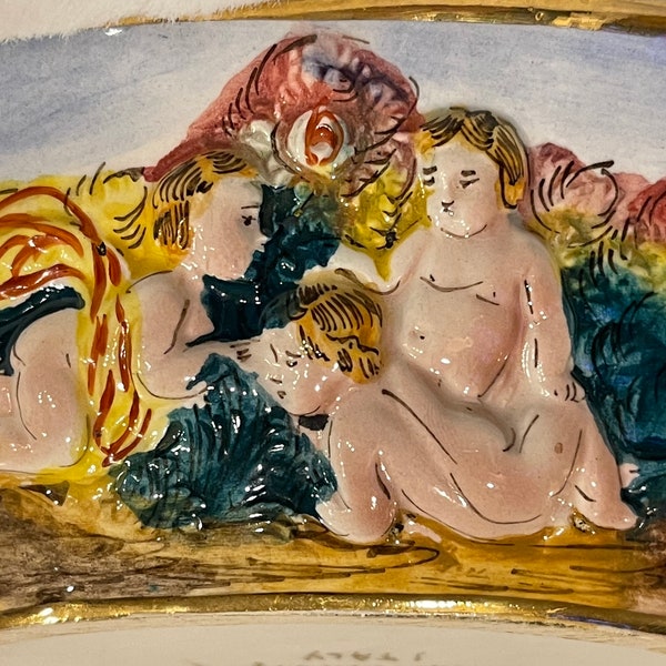 CAPODIMONTE CHERUB BOWL…Italy…Porcelain…Colorful, Sculpted Cherubs…Hand Painted…Gold Rim and Base…Beautiful!