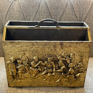 BRASS MAGAZINE RACK…Embossed…Wood Interior/Bottom…Pub Dancing Scene…Raised Design…Extra Large…Center Handle…Double Compartments…1960s #W.U.