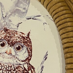 Puede incluir: Una pintura de acuarela de un b&uacute;ho con plumas marrones y blancas, posado en una rama. El b&uacute;ho tiene ojos grandes y redondos y un peque&ntilde;o pico. La pintura est&aacute; enmarcada en un marco de mimbre tejido.