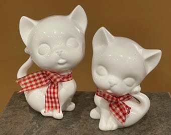 LARGE CAT FIGURINES…Set of 2…White…Red and White Neck Bows…Cat Decor…Cat Collectibles…Vintage #284