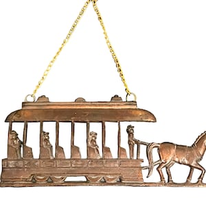 HORSE DRAWN TROLLEY…Copper Finished Cast Iron Wall Hanging…Horse, Trolley, Passengers…Conductor…Back Hangers…Heavy…Wall Art…1960s #W.U.