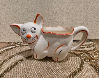 CAT HANDLED SUGARBOWL…T.T…Kitschy…Big Eyes…White, Black and Orange…Tail Handle…Hand Painted…1960s…Rare Find!…Japan #851