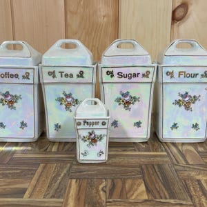 LUSTERWARE CANISTER SET…Pearl…Rainbow Hues…Set of 5…Coffee, Tea, Flour, Sugar and Pepper…Handled Lids…Vintage Kitchen Ware…Germany 1950s