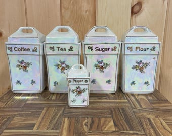 LUSTERWARE CANISTER SET…Pearl…Rainbow Hues…Set of 5…Coffee, Tea, Flour, Sugar and Pepper…Handled Lids…Vintage Kitchen Ware…Germany 1950s