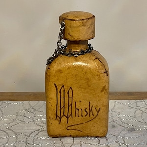 LEATHER WHISKEY DECANTER…Removable Lid…Stitching…”Whisky” In Center…Hanging Chain…Glass Bottle Insert…Cork…Barware…Vintage #W.U.T.1