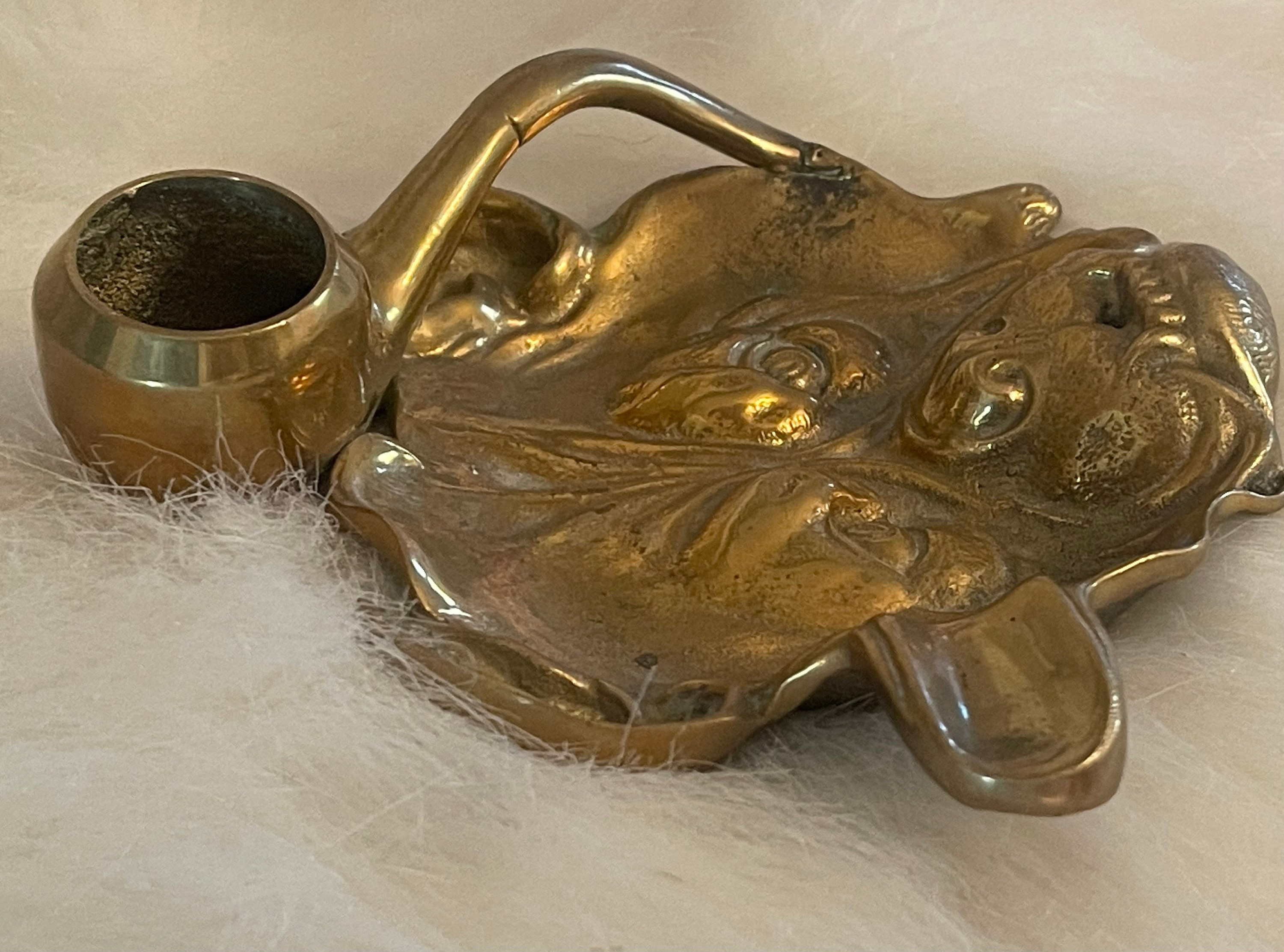 BRASS BULLDOG Ashtray/match Holder…victorian…carved English