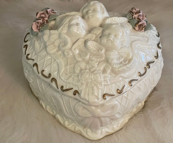 LARGE CUPID DISH…Heart Shaped,..Applied Flowers…T… - image 5