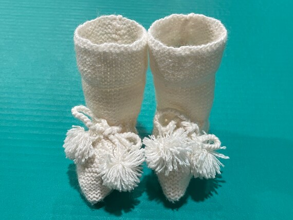 KNITTED BABY BOOTIES…Handmade…White…Pompoms…Ties…… - image 2
