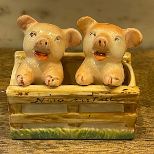PIG SALT & PEPPER Set…Pigs in a Pig Pen…Glazed…3 Piece Set…Open Mouths…Top Dispensing Holes…Original Corks…1950s…Occupied Japan #303