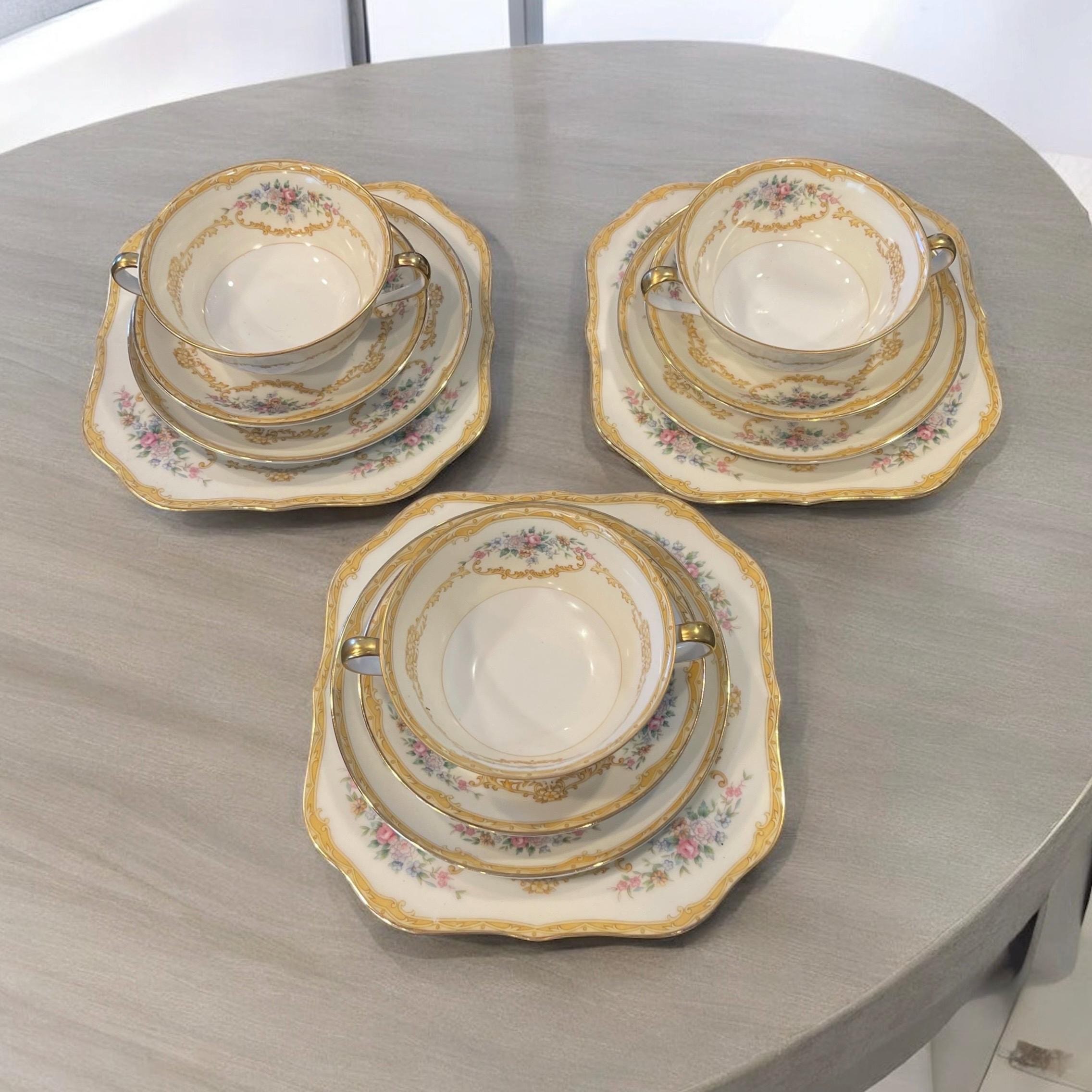 NORITAKE “DOVIER” 12 Piece Set…3 Soup Bowls, Saucers, Round