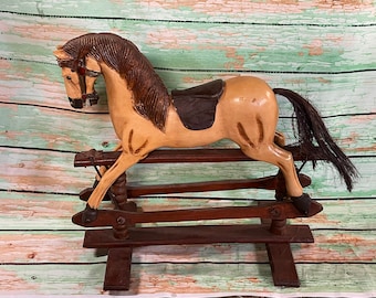 GLIDING ROCKING HORSE…Antique…Wood/Plaster/Polychrome/Wood. Hand carved…Folk Art Design…Dark And Light Colors…Early 1900s.