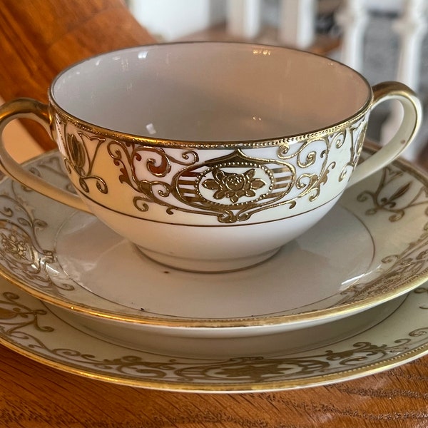 ANTIQUE GOLD NORITAKE Tea Cup, Saucer, Plate…43061…Floral…Hand Painted…Raised Gold Gilt Roses, Tulips and Scroll Designs…Japan #1 1920s #198