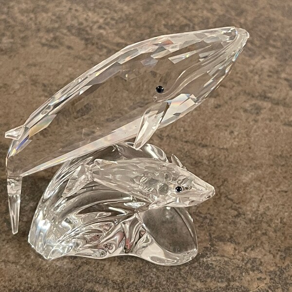 SWAROVSKI WHALE FIGURINE…”Care For Me”…Mother and Child…Limited Edition…Multifaceted Crystal…Colored Eyes…Retired Piece…1992.