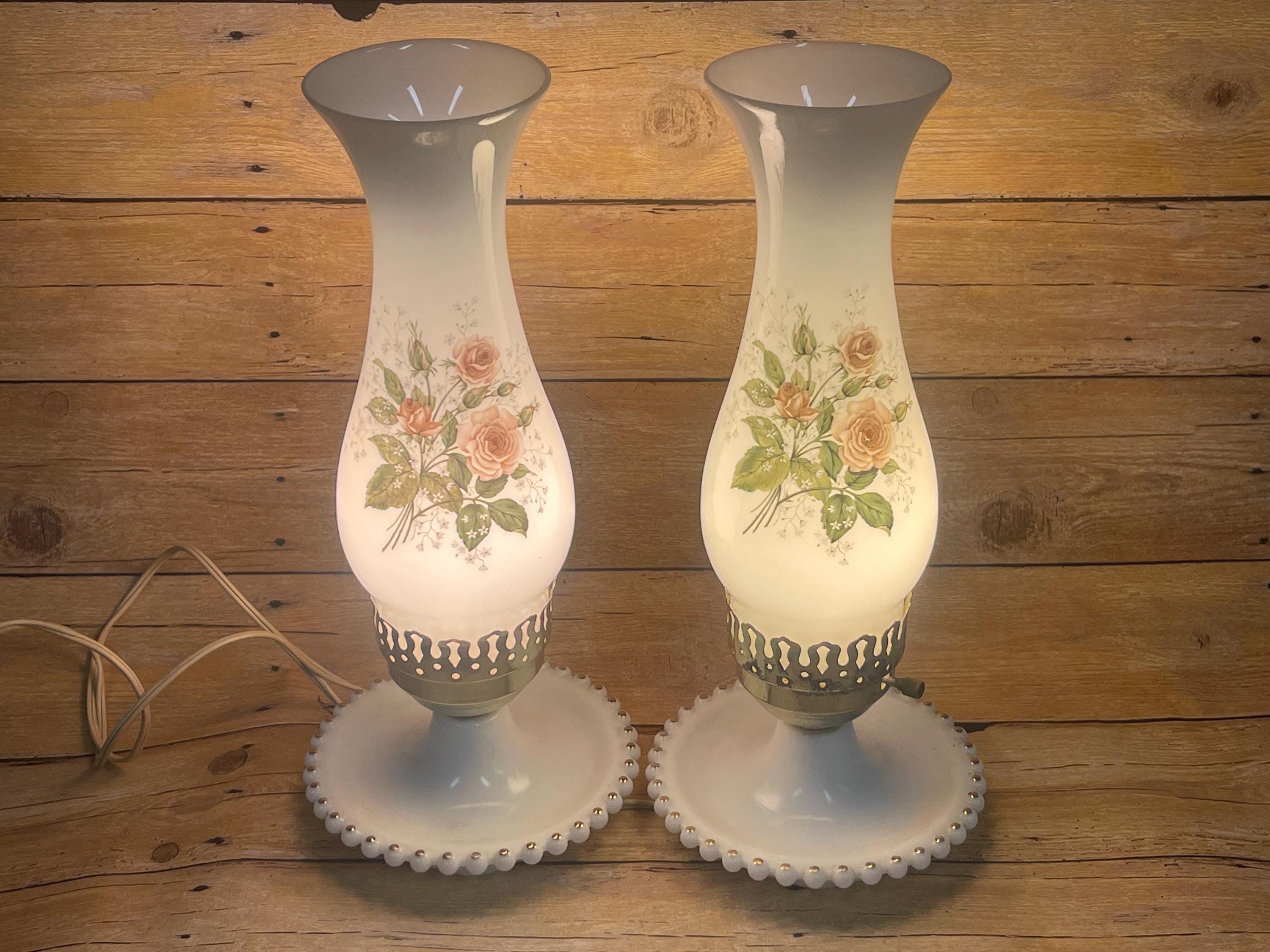 MILK GLASS Lamps…set of 2…floral Glass Hurricane Shades…milk Glass