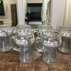 PEPSI-COLA MUGS…Set of 6…Thick Glass…Large Handles…3 White Labels with Designs…16 Ounce Capacity…Soda Fountain Mugs…Clear Glass…1970s #W1U