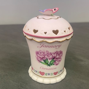 JANUARY CARNATION CANDLE in Ceramic Holder…Avon…Birth Month Flower Candle…Butterfly with Rhinestones…Cut Out Hearts…Lidded…1980s #904