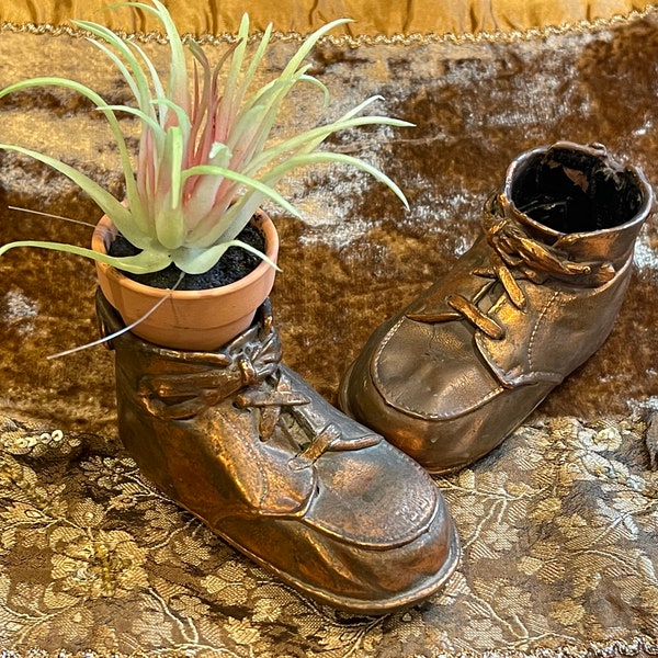 BRONZED BABY SHOES…Pair of Bronzed Lace-Up Baby Shoes…For Home Decor/Display…Holds Plants, Artificial Flowers or Air Plants…1960s #437