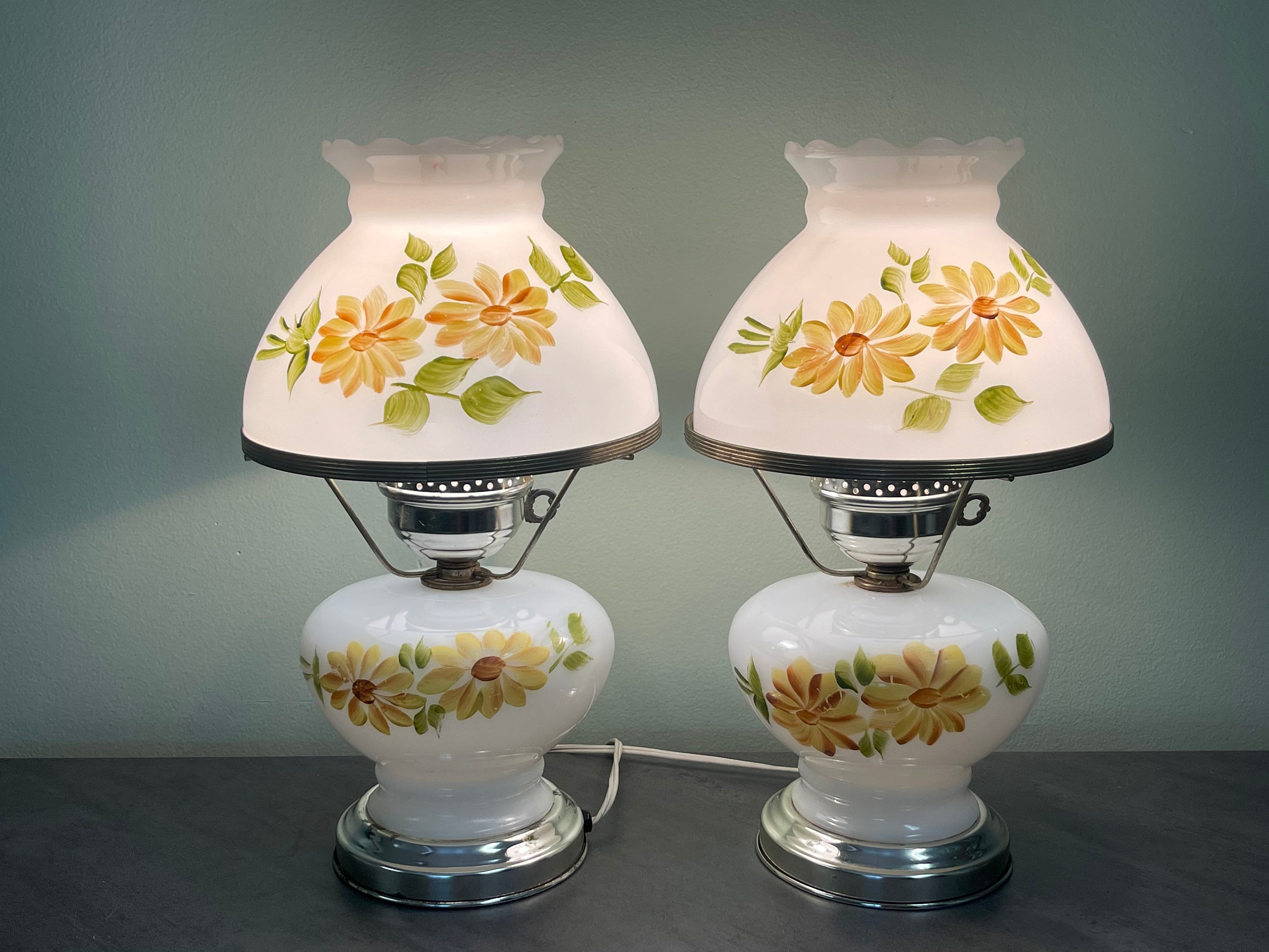 MILK GLASS Lamps…hand Painted Yellow Flowers With Greenery…large