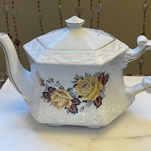 FLORAL TEAPOT…Ellgreave China Teapot…Yellow Roses with Brown and Grey Leaves…Steam Hole…Strainer…Gold Accents…Numbered…England 1940s #W.Bx9