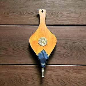 FIREPLACE BELLOWS…Wooden…Center Accent…Leather Interior…Metal Rivets…Gold Metal Tip…Vintage Fireplace Decor