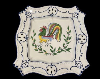 ROOSTER PLATTER…R.C.C.L…Hand Painted…Large Plate…Blue/Yellow/Red/Green…Beaded Edge…Blue Raised and Cut Out Designs…Numbered…Vintage #000Cab