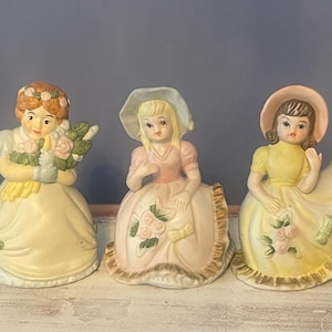 GIRL BELL SET…Bisque, Porcelain…Set of 3…Bisque Clappers…Hand Bells…Figural Bells…Colorful…Vintage #222