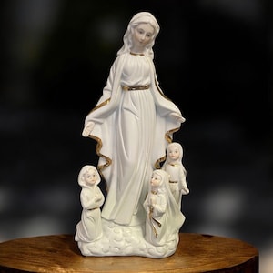 LADY OF FATIMA Large Catholic Virgin Mary Statue…Apparition in Fátima, Portugal…3 Shephard Children…White & Gold…Religious…Vintage #W.T.2