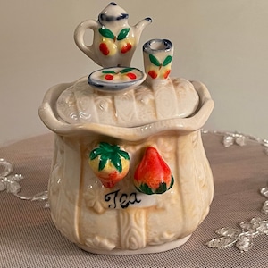 STRAWBERRY SUGAR BOWL/Tea Bag Holder…Tea Pot, Cup and Plate on Lid, Strawberries on Base…”Tea” Painted on Front…Rare Find! #94