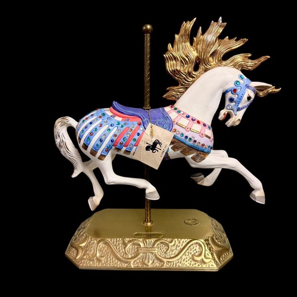 JEWELED  CAROUSEL HORSE…X Large…Illions…Limited Edition…Inlaid Colorful Jewels…Gold Mane…Scrolled Brass Base w/Pole…Original Tag…1987 #W.T6