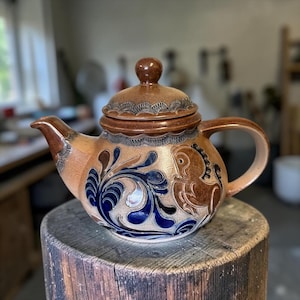 HORSE DECORATIVE TEAPOT…W German Pottery… "Handarbeit" (Handmade)…Incised Pattern…Cobalt Blue Swirls…Horse and Geometric Boarders…1960s