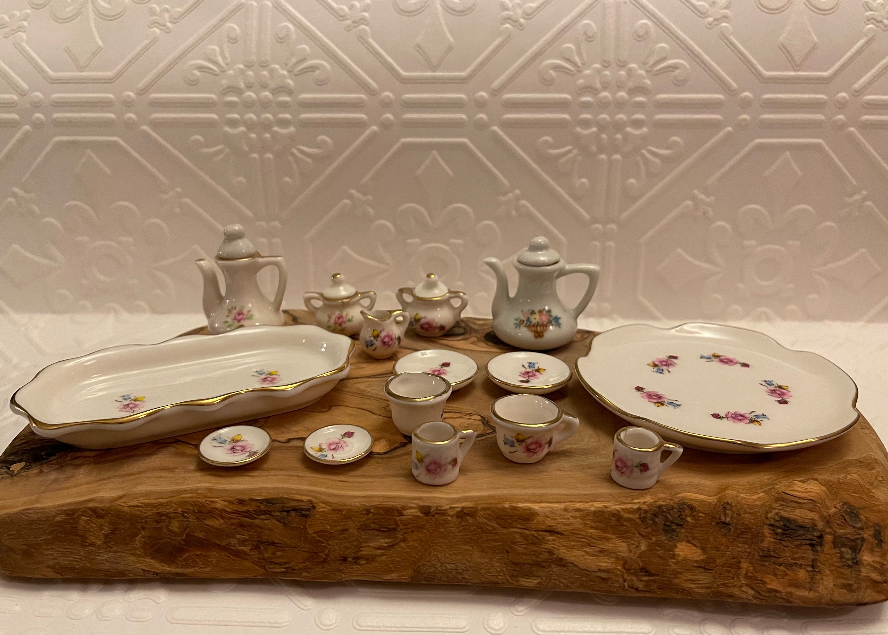 19 PIECE TEA Set…miniature…rose Design… Porcelain…gold Edging…taiwan ...