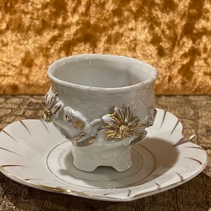 DEMITASSE CUP & SAUCER Set…Gold Accented Flowered Cup and Leaf Shaped Saucer #302